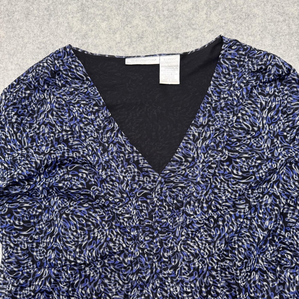 Worthington Blouse Womens XL Blue Geometric Bell 3/4 Sleeve V Neck Top - Picture 2 of 10